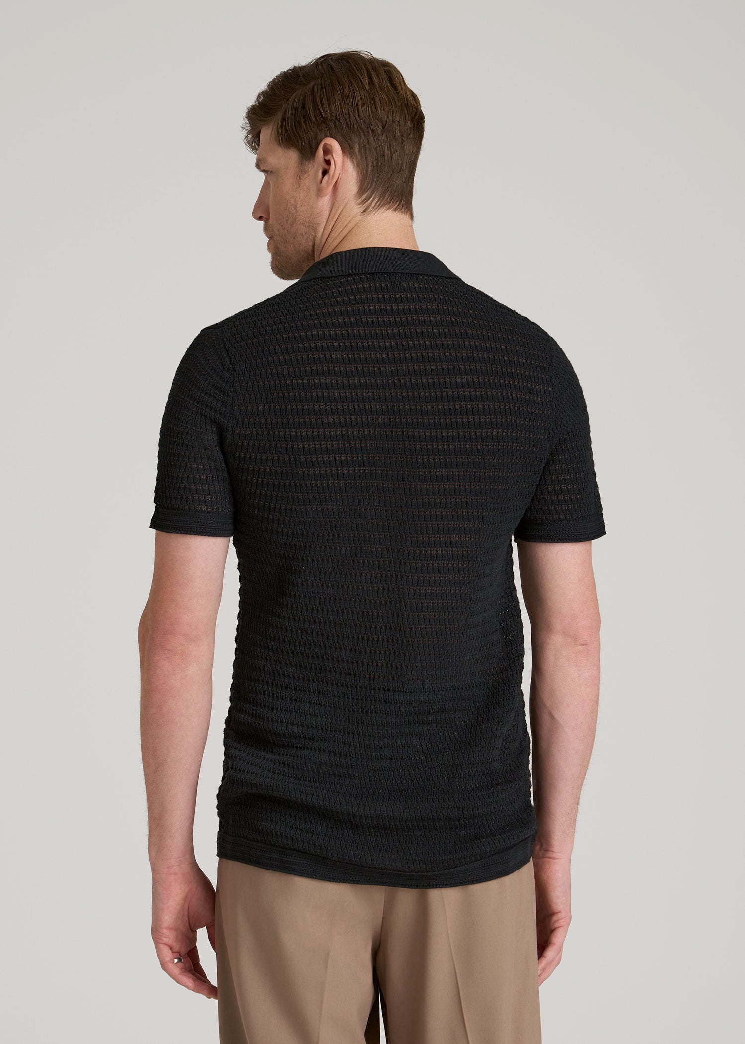 Short Sleeve Crochet Polo Cardigan for Tall Men in Black