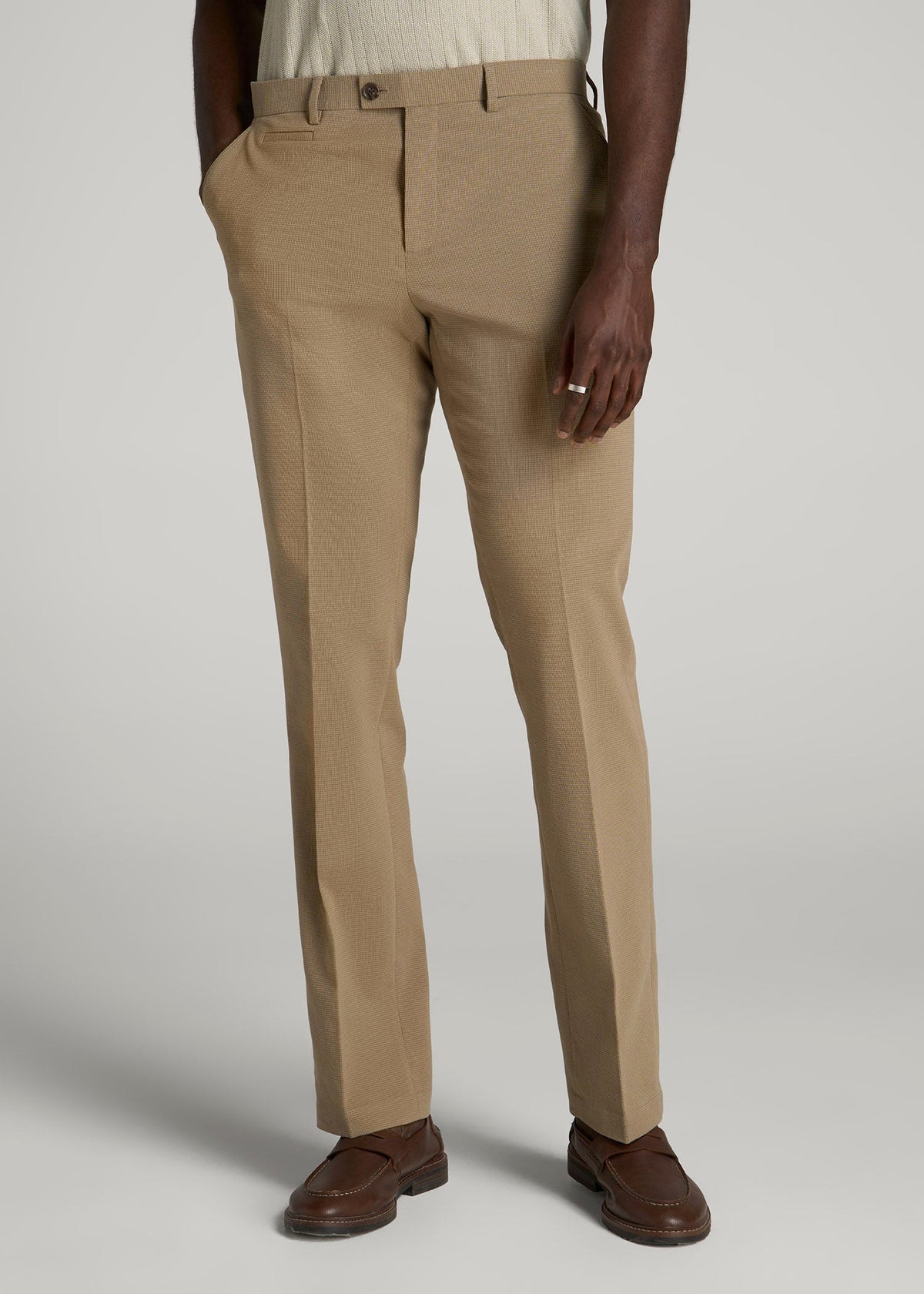Textured Garment Washed Stretch Cotton Suit Pants for Tall Men in Desert Khaki