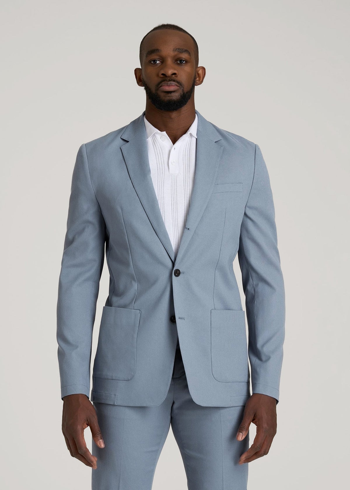 Textured Garment Washed Stretch Cotton Blazer for Tall Men in Chambray