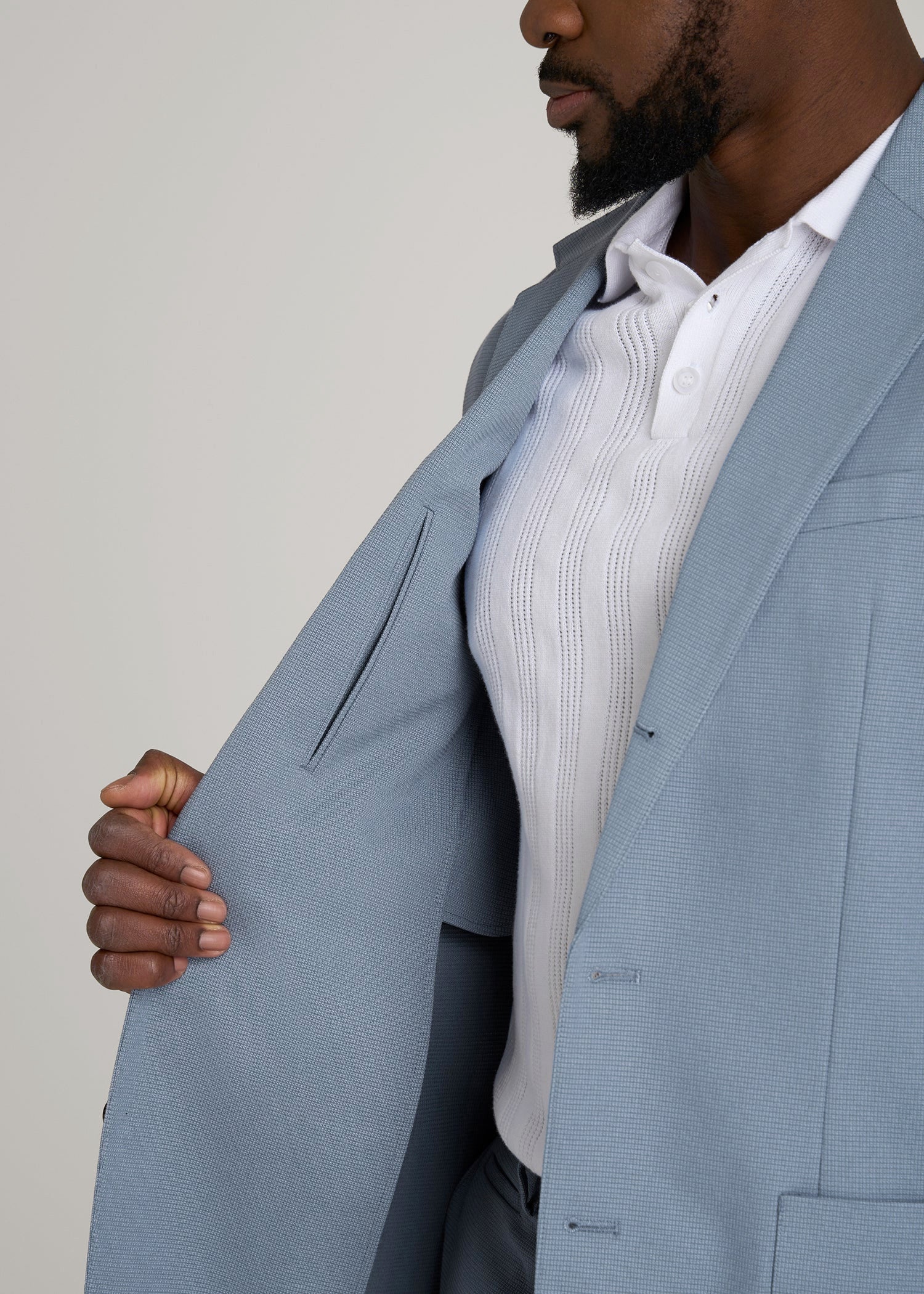 Textured Garment Washed Stretch Cotton Blazer for Tall Men in Chambray