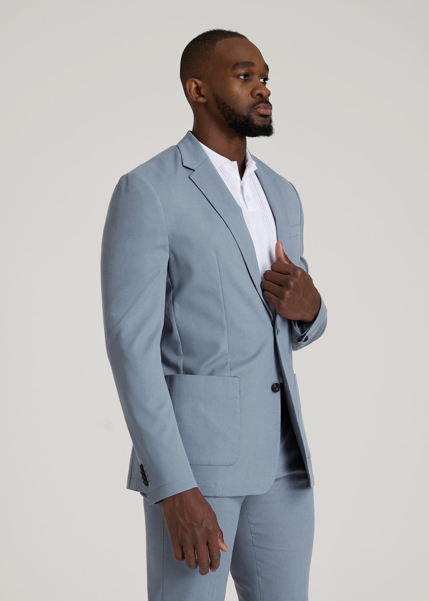 Textured Garment Washed Stretch Cotton Blazer for Tall Men in Chambray