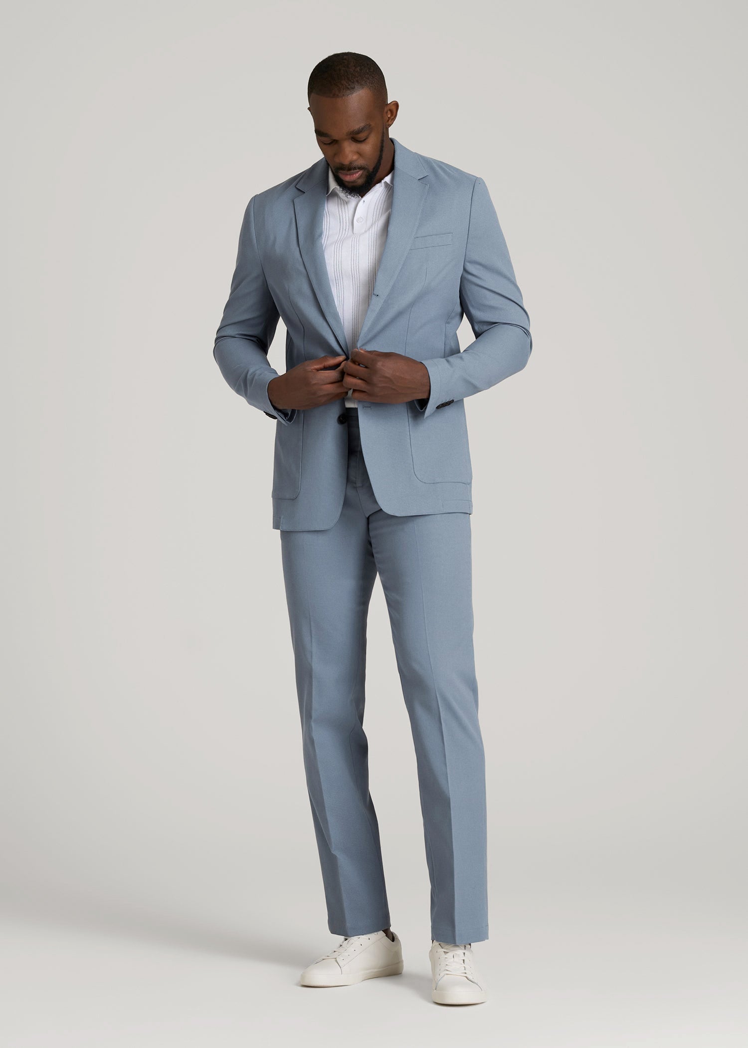 Textured Garment Washed Stretch Cotton Blazer for Tall Men in Chambray