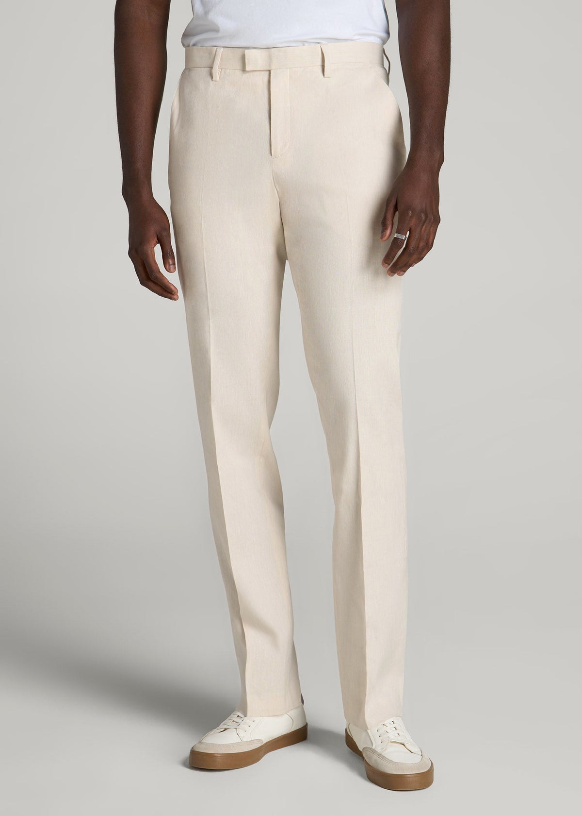 Stretch Linen Dress Pants for Tall Men in Light Beige Linen