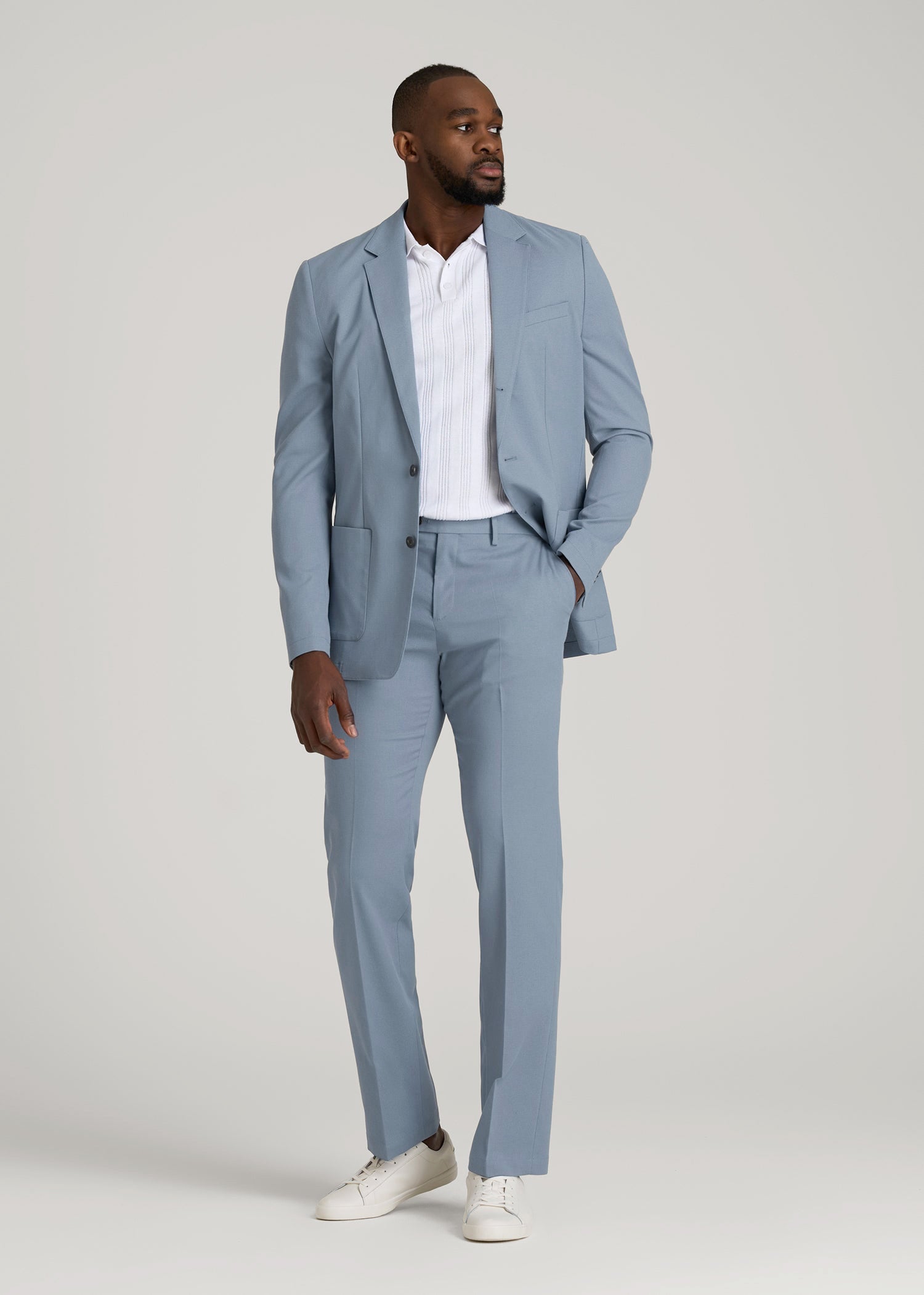 Textured Garment Washed Stretch Cotton Suit Pants for Tall Men in Chambray