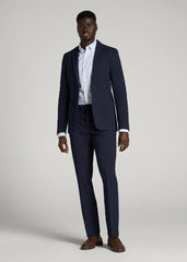 Textured Garment Washed Stretch Cotton Suit Pants for Tall Men in Evening Blue