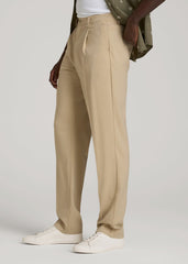 Relaxed Pleated Trousers for Tall Men in Light Khaki
