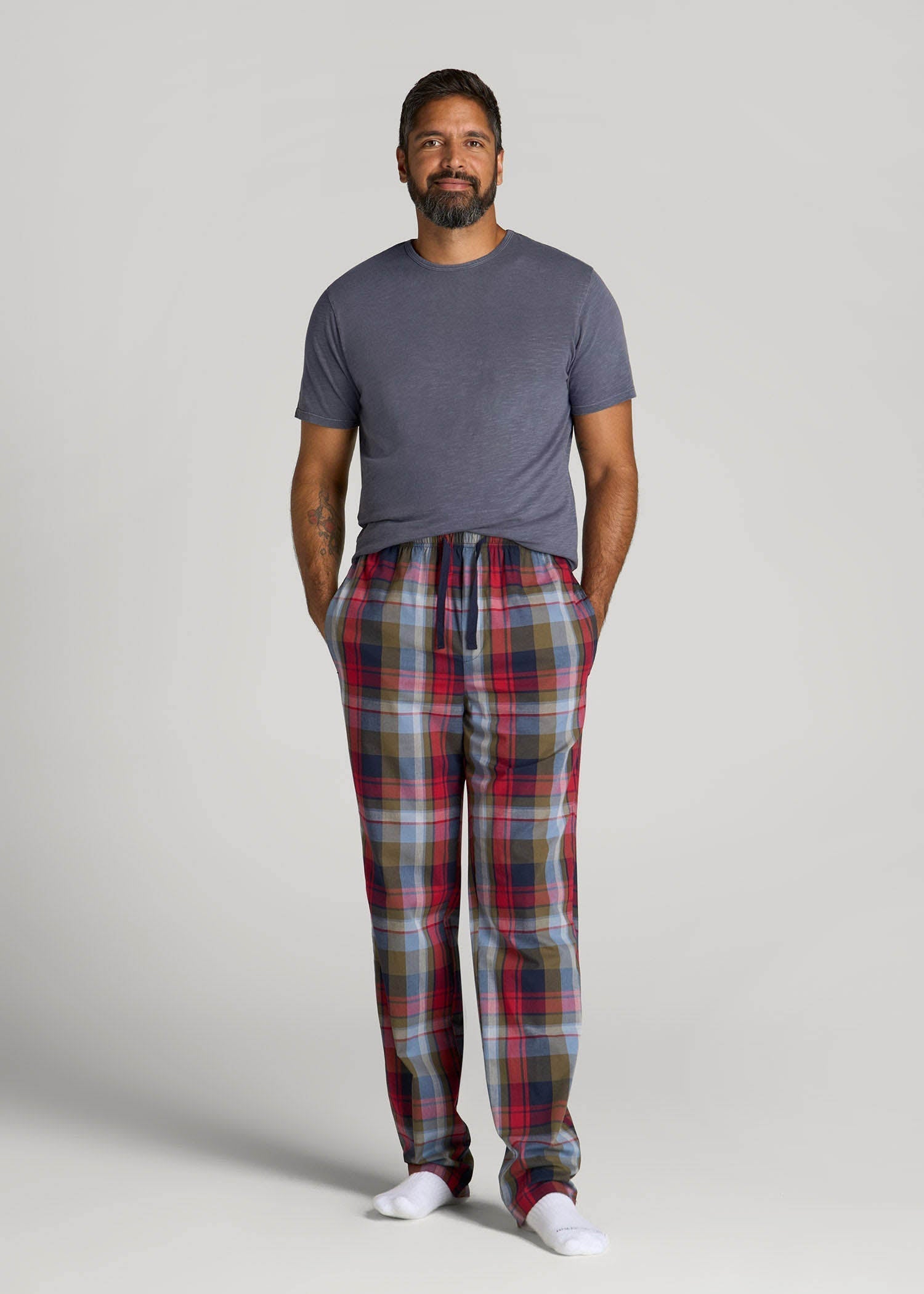 Woven Pajama Pants for Tall Men in Blue & Green Plaid