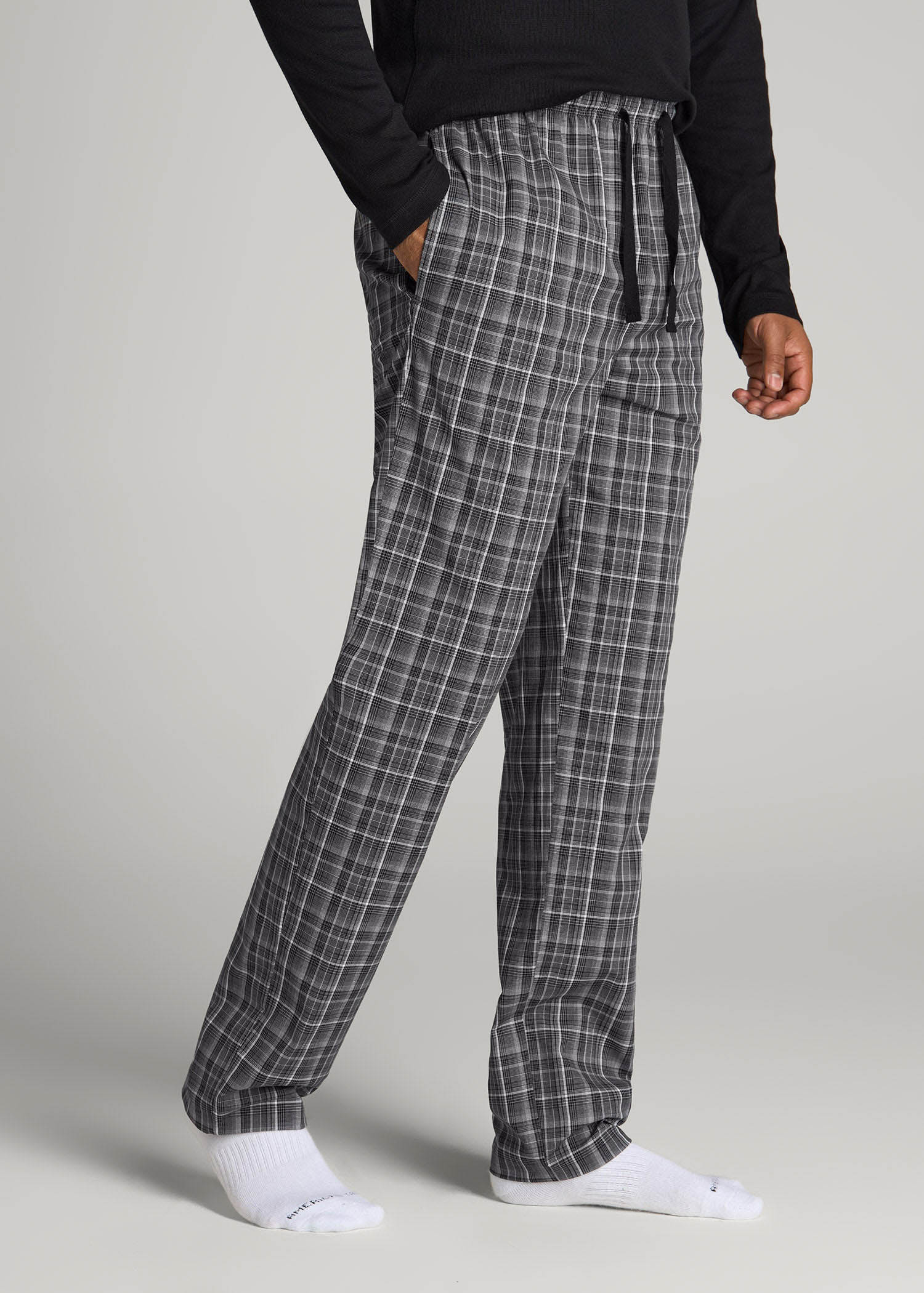 Woven Pajama Pants for Tall Men in Black & Grey Plaid