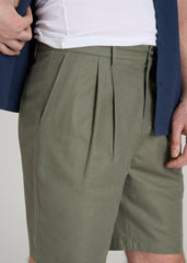 Stretch Cotton Linen Blend Shorts for Tall Men in Olive
