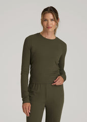 Lightweight Ribbed Cropped Lounge Shirt for Tall Women in Forest Night
