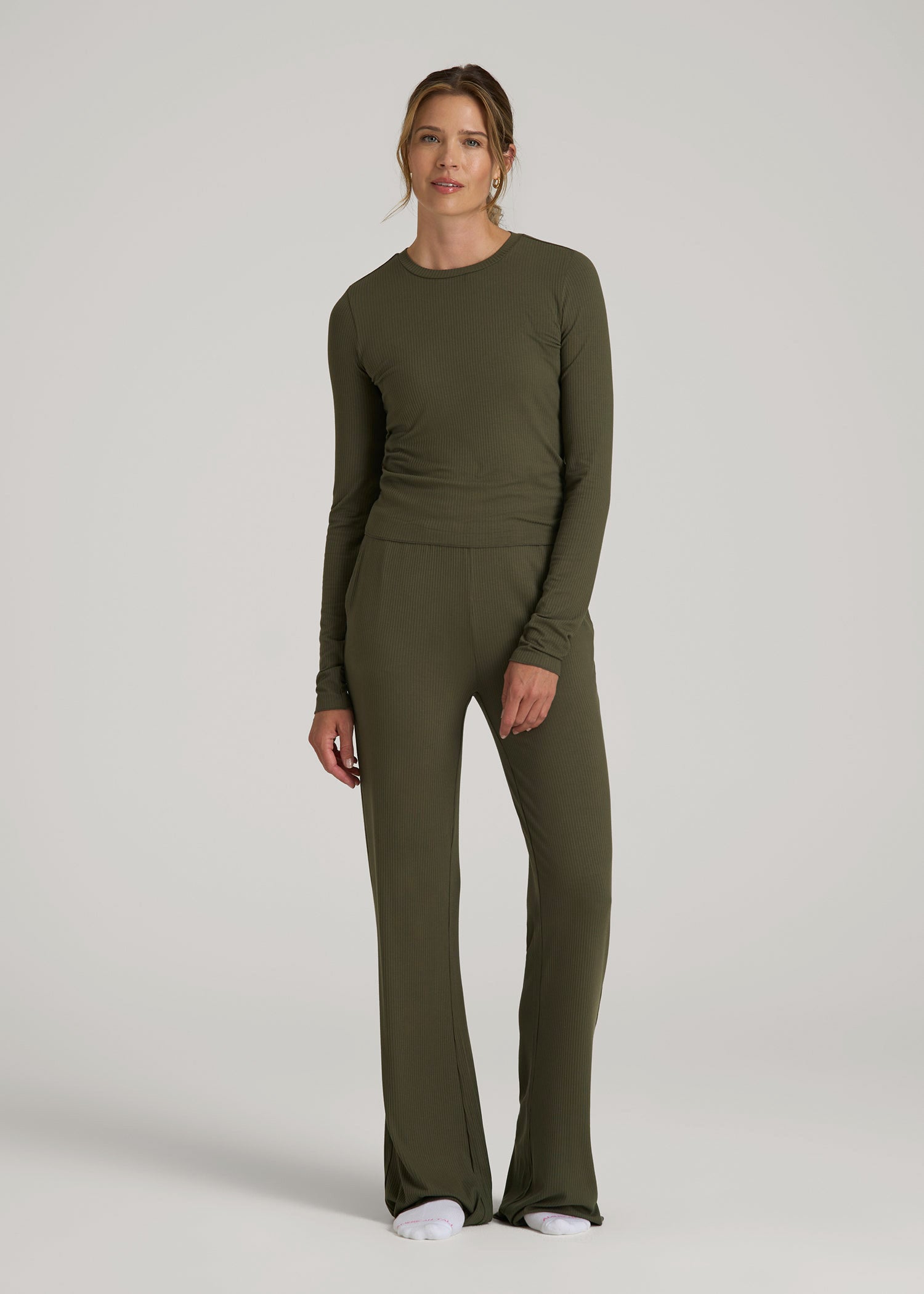 Lightweight Ribbed Cropped Lounge Shirt for Tall Women in Forest Night