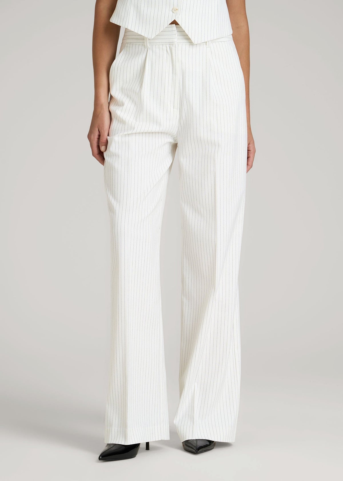 High-Rise Wide-Leg Pleated Dress Pants for Tall Women in Off White Pinstripe