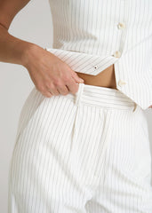 High-Rise Wide-Leg Pleated Dress Pants for Tall Women in Off White Pinstripe