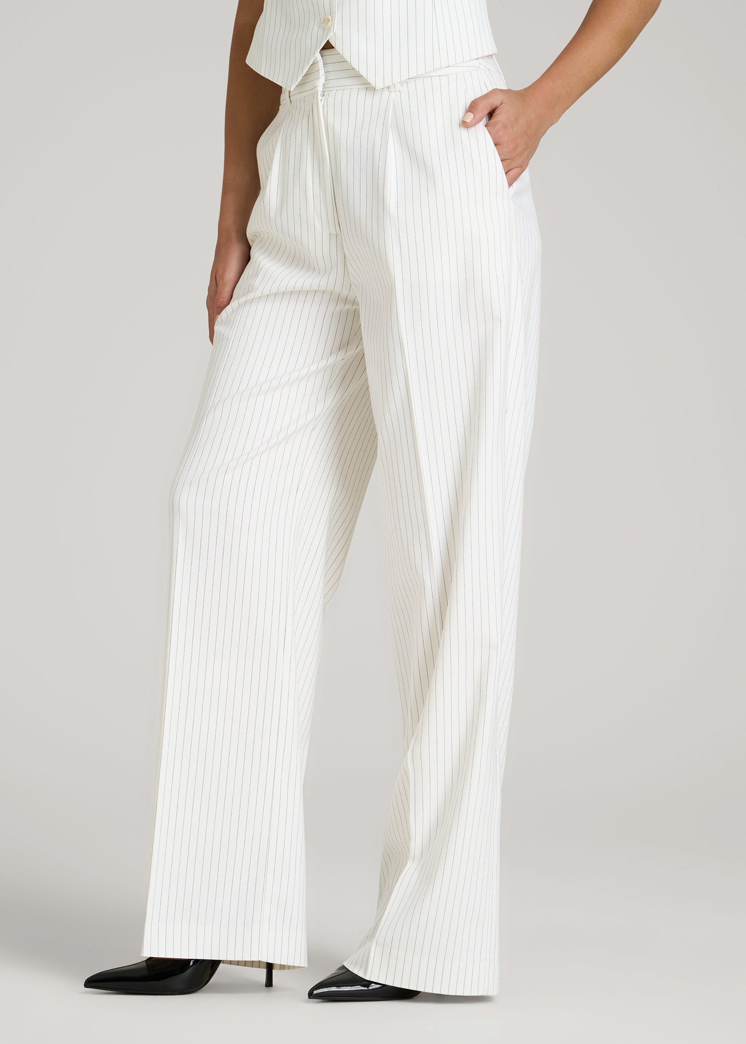 High-Rise Wide-Leg Pleated Dress Pants for Tall Women in Off White Pinstripe