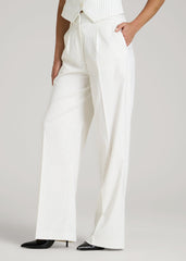 High-Rise Wide-Leg Pleated Dress Pants for Tall Women in Off White Pinstripe