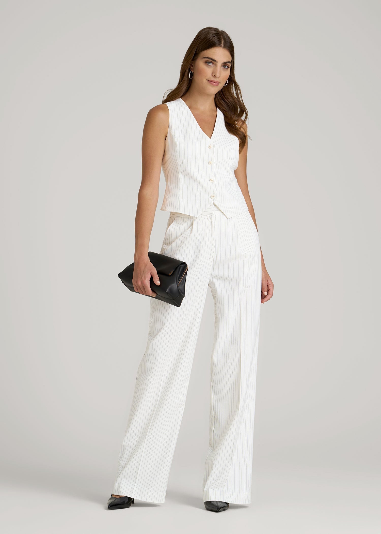 High-Rise Wide-Leg Pleated Dress Pants for Tall Women in Off White Pinstripe