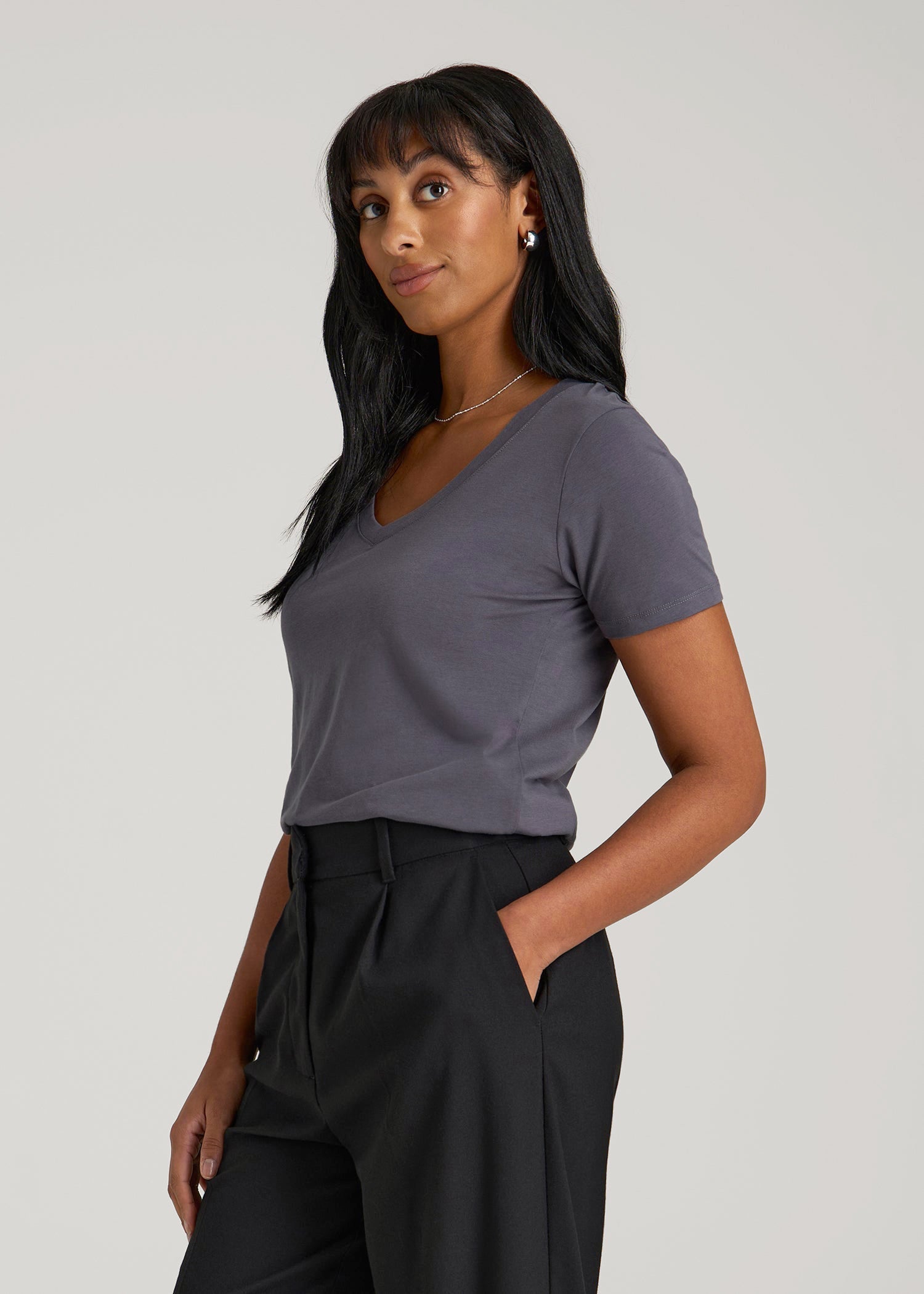 Scoop V-Neck Tee for Tall Women in Charcoal