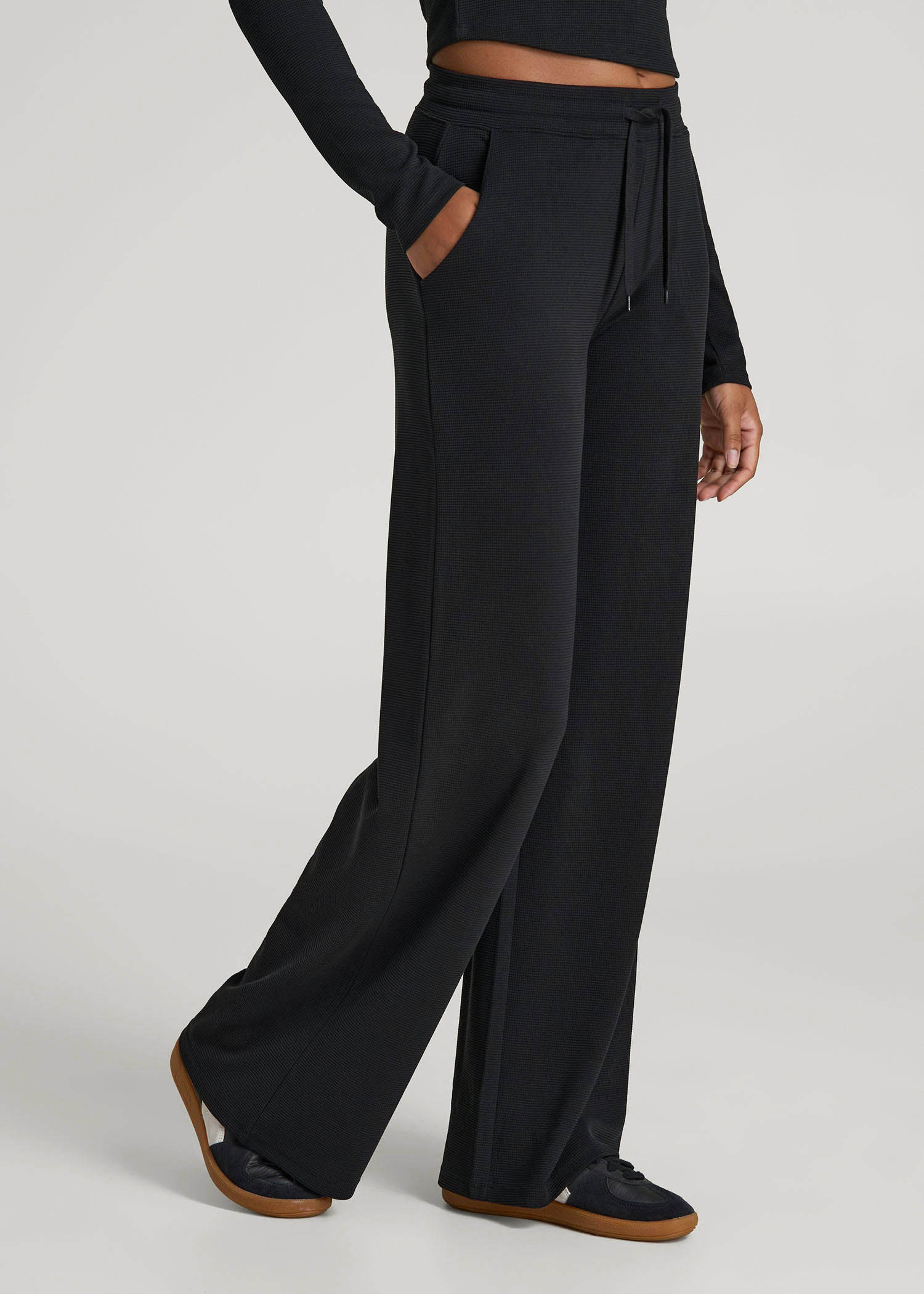 Mid-Rise Waffle Wide-Leg Pants for Tall Women in Black