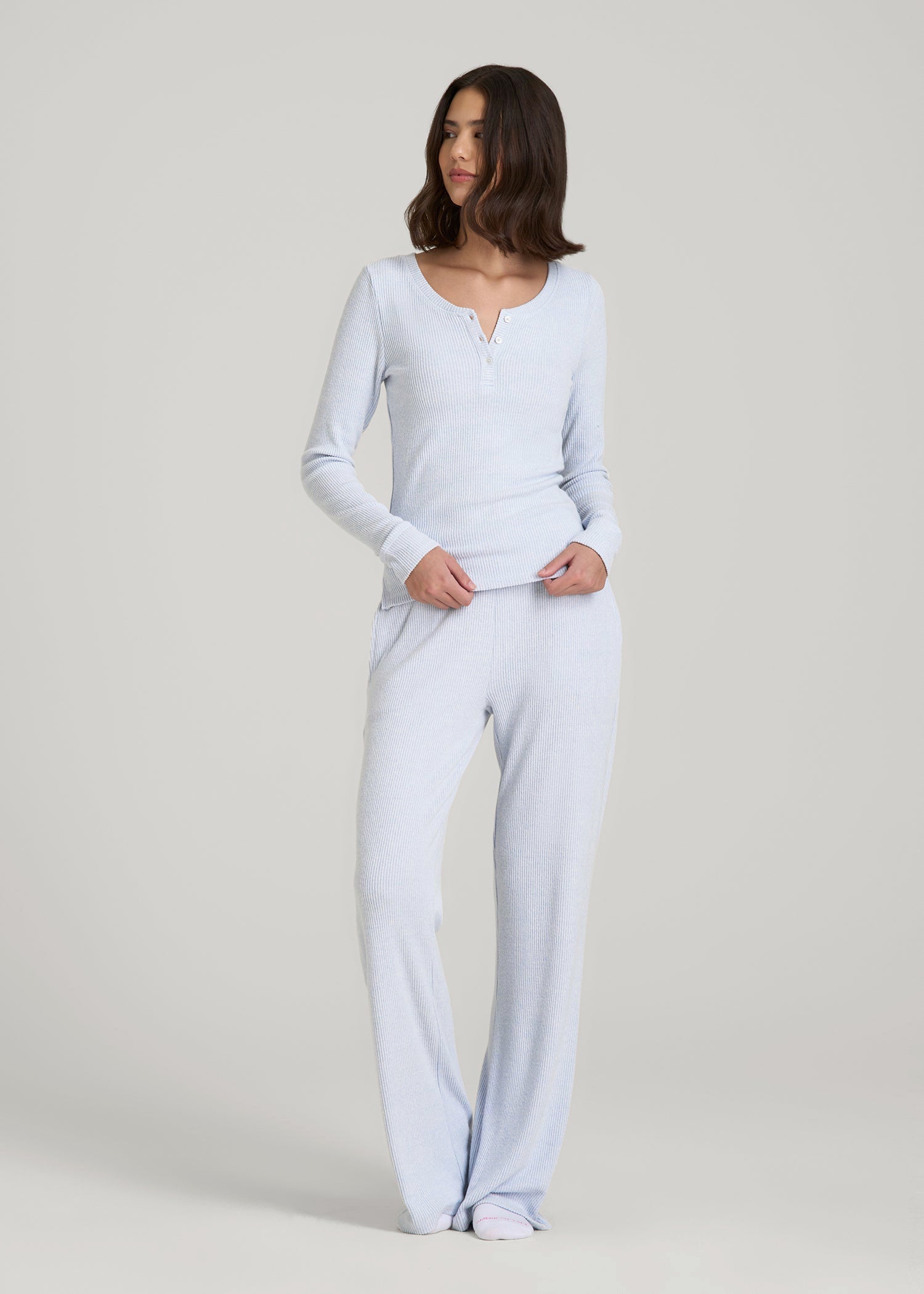 Ribbed Henley Lounge Top for Tall Women in Bluebird Mix