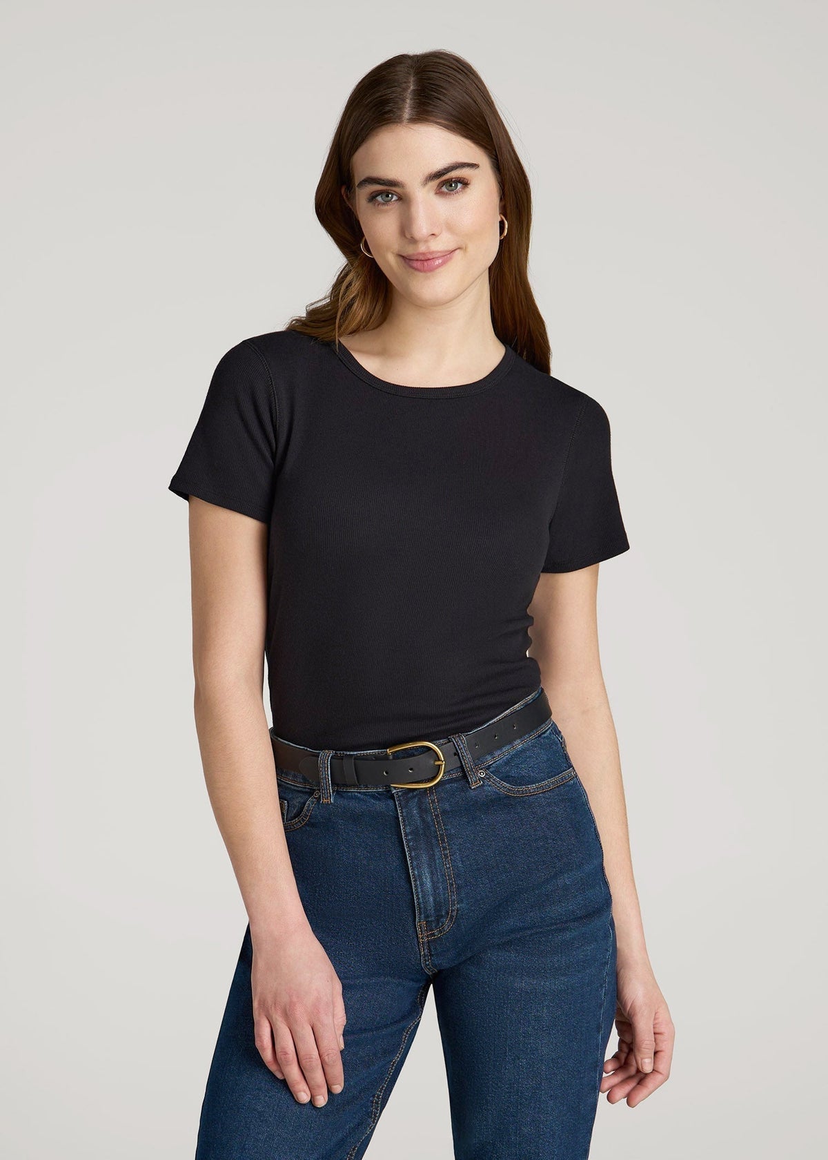 Short Sleeve Ribbed Crewneck T-Shirt for Tall Women in Black