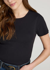Short Sleeve Ribbed Crewneck T-Shirt for Tall Women in Black