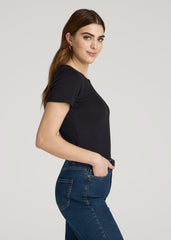 Short Sleeve Ribbed Crewneck T-Shirt for Tall Women in Black