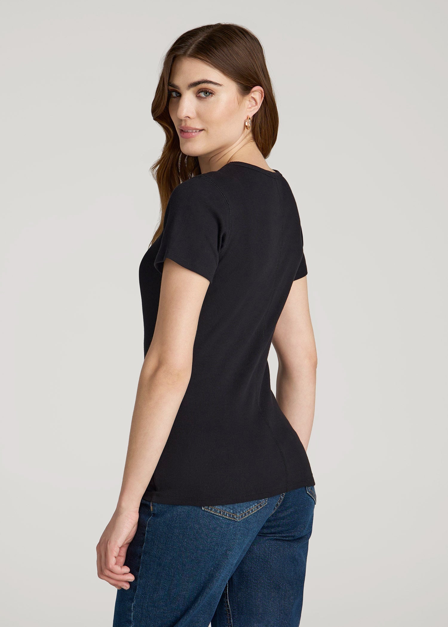 Short Sleeve Ribbed Crewneck T-Shirt for Tall Women in Black