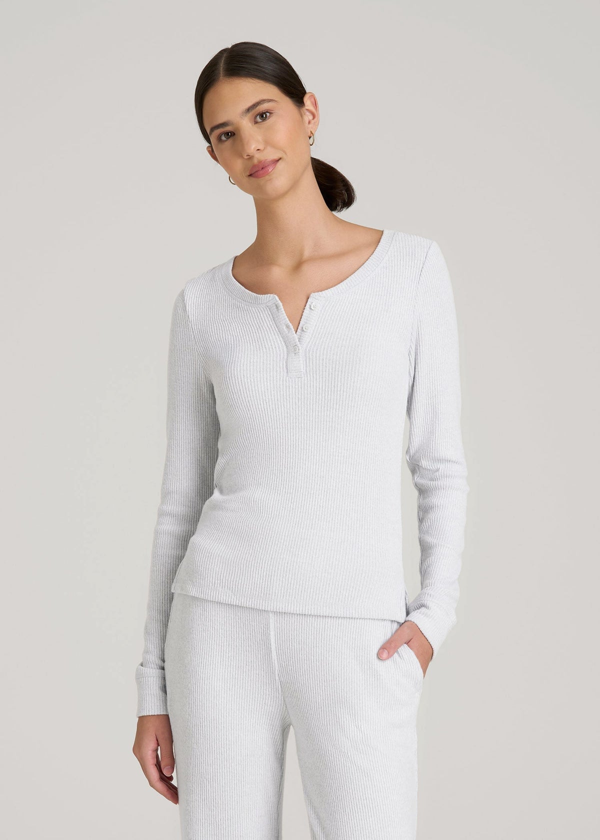 Ribbed Henley Lounge Top for Tall Women in Fog Grey Mix