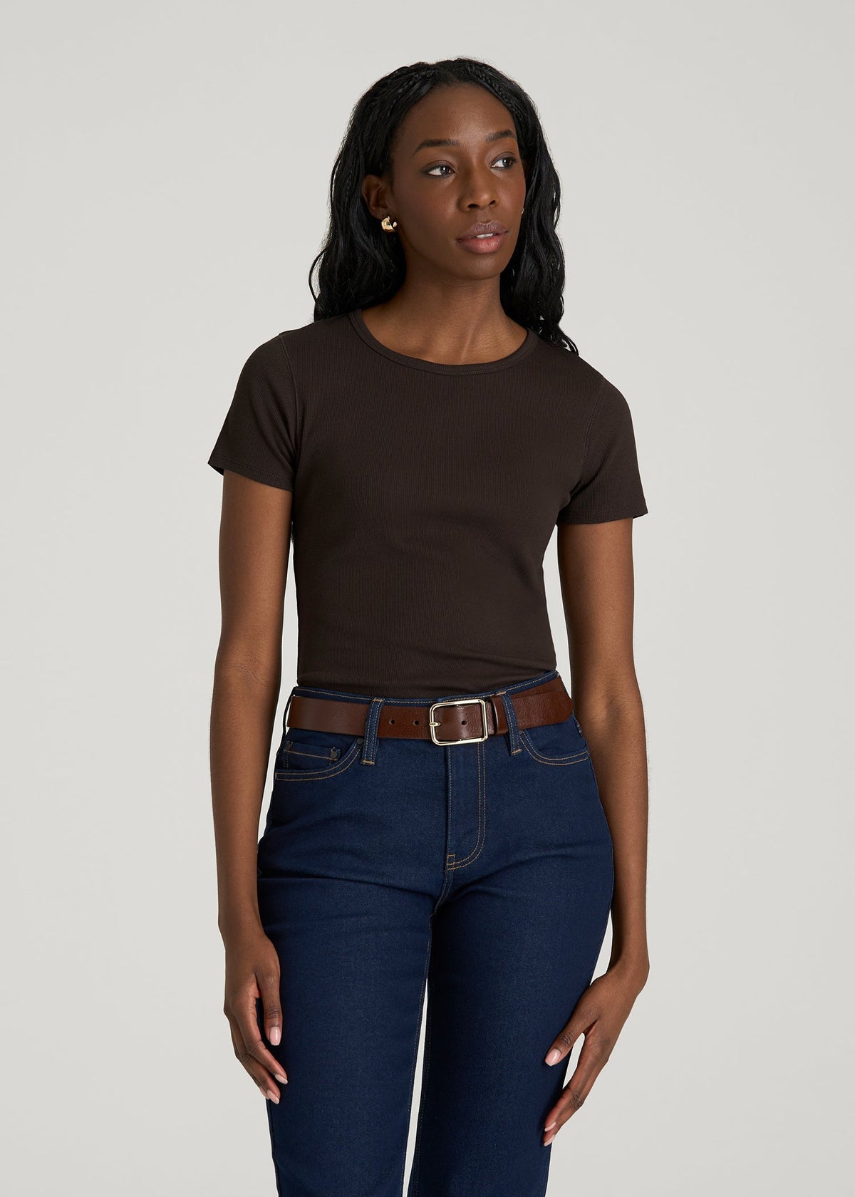 Short Sleeve Ribbed Crewneck T-Shirt for Tall Women in Espresso