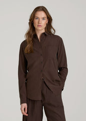 Relaxed Button-Up Single-Pocket Blouse for Tall Women in Espresso