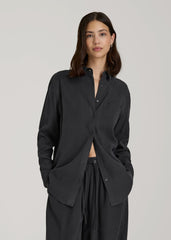 Relaxed Button-Up Single-Pocket Blouse for Tall Women in Vintage Black