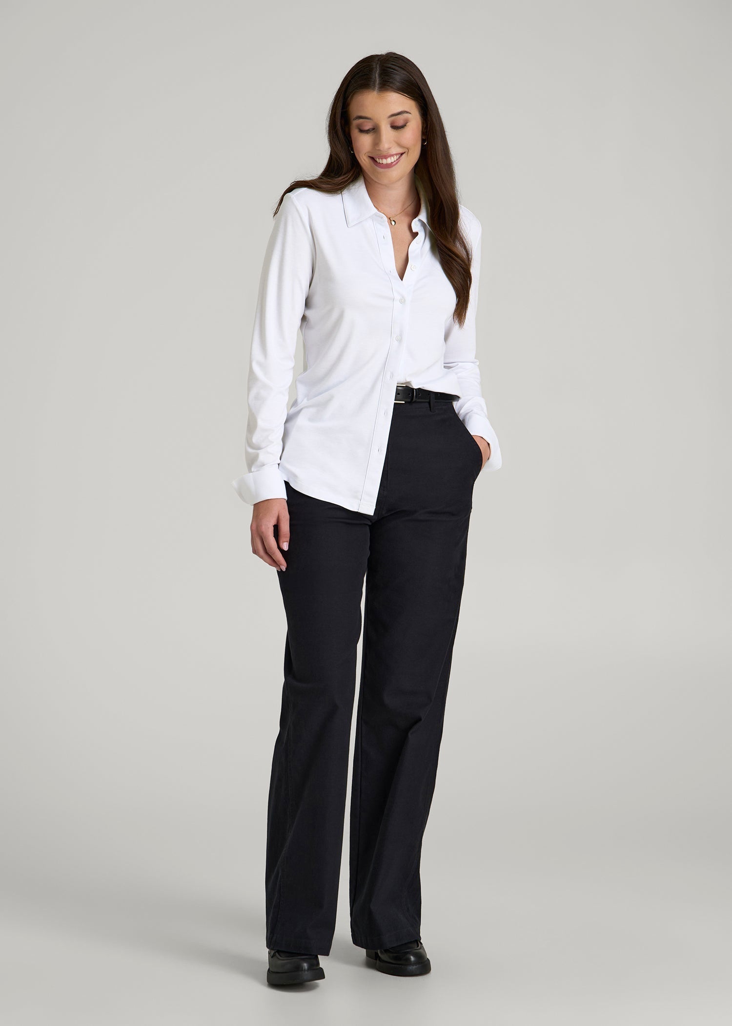 Slub Knit Button-Up Shirt for Tall Women in Bright White