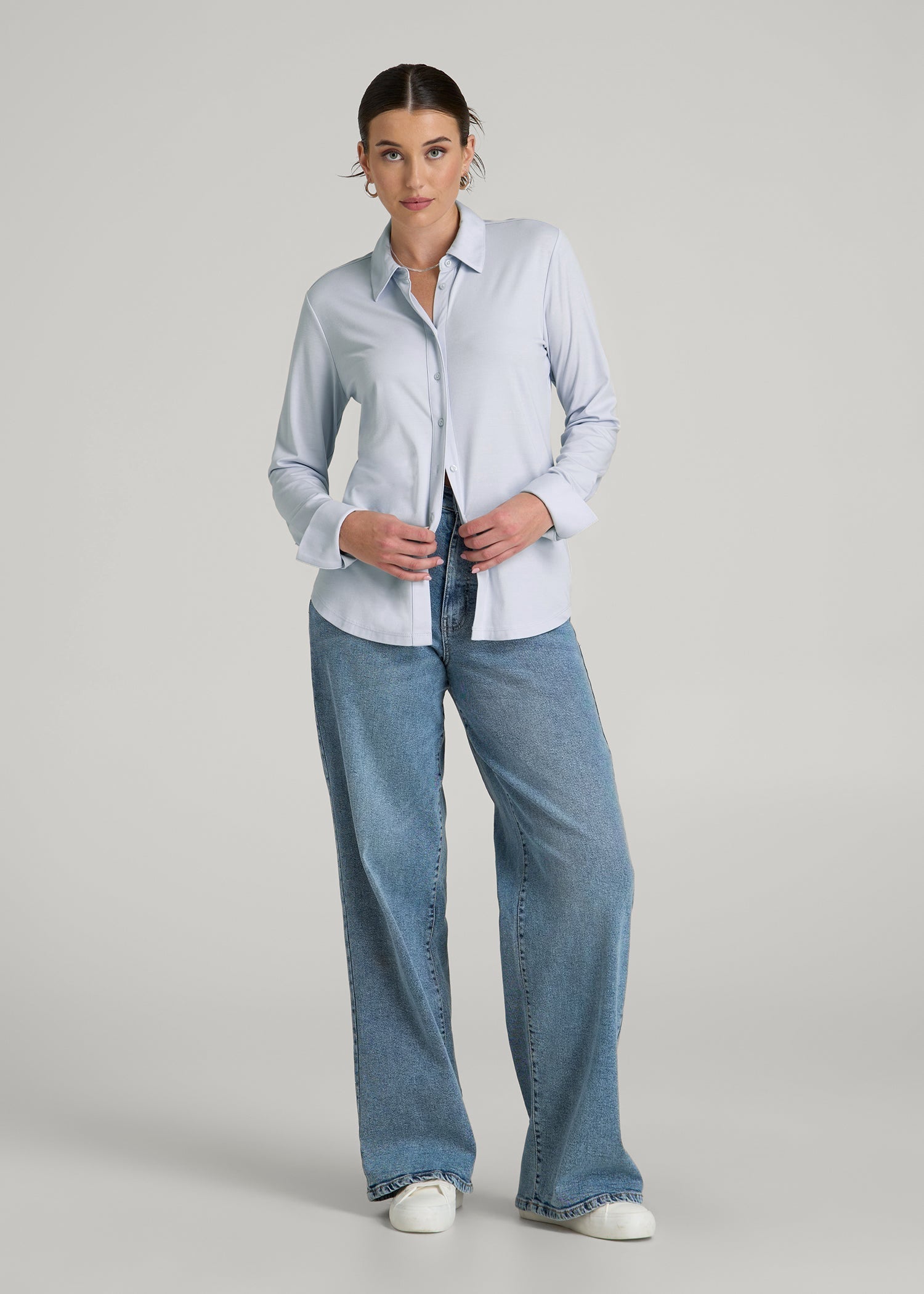 Slub Knit Button-Up Shirt for Tall Women in Light Blue