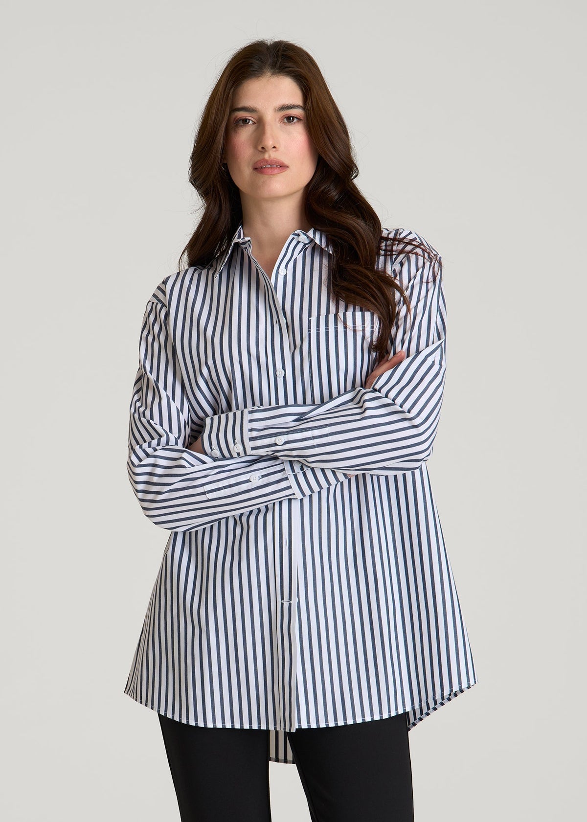 Oversized Poplin Button Shirt for Tall Women in White and Navy Stripe