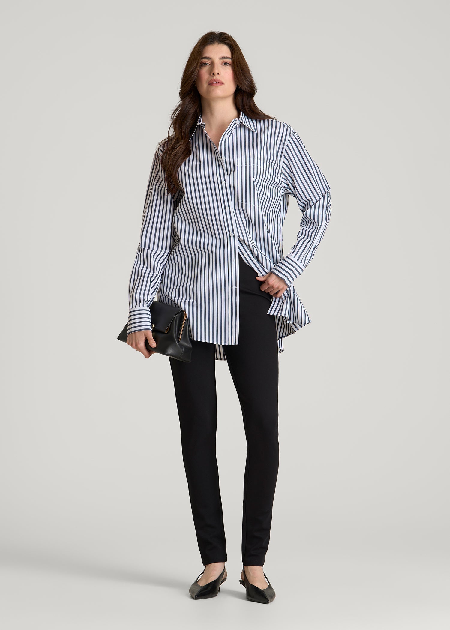 Oversized Poplin Button Shirt for Tall Women in White and Navy Stripe