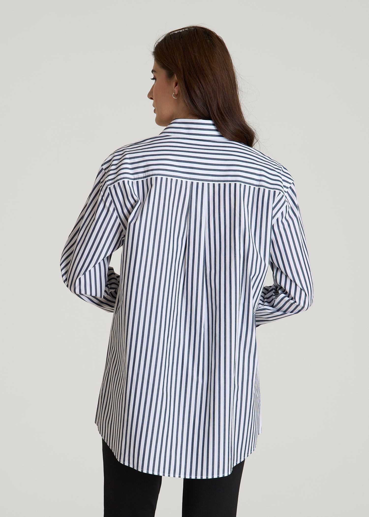 Oversized Poplin Button Shirt for Tall Women in White and Navy Stripe
