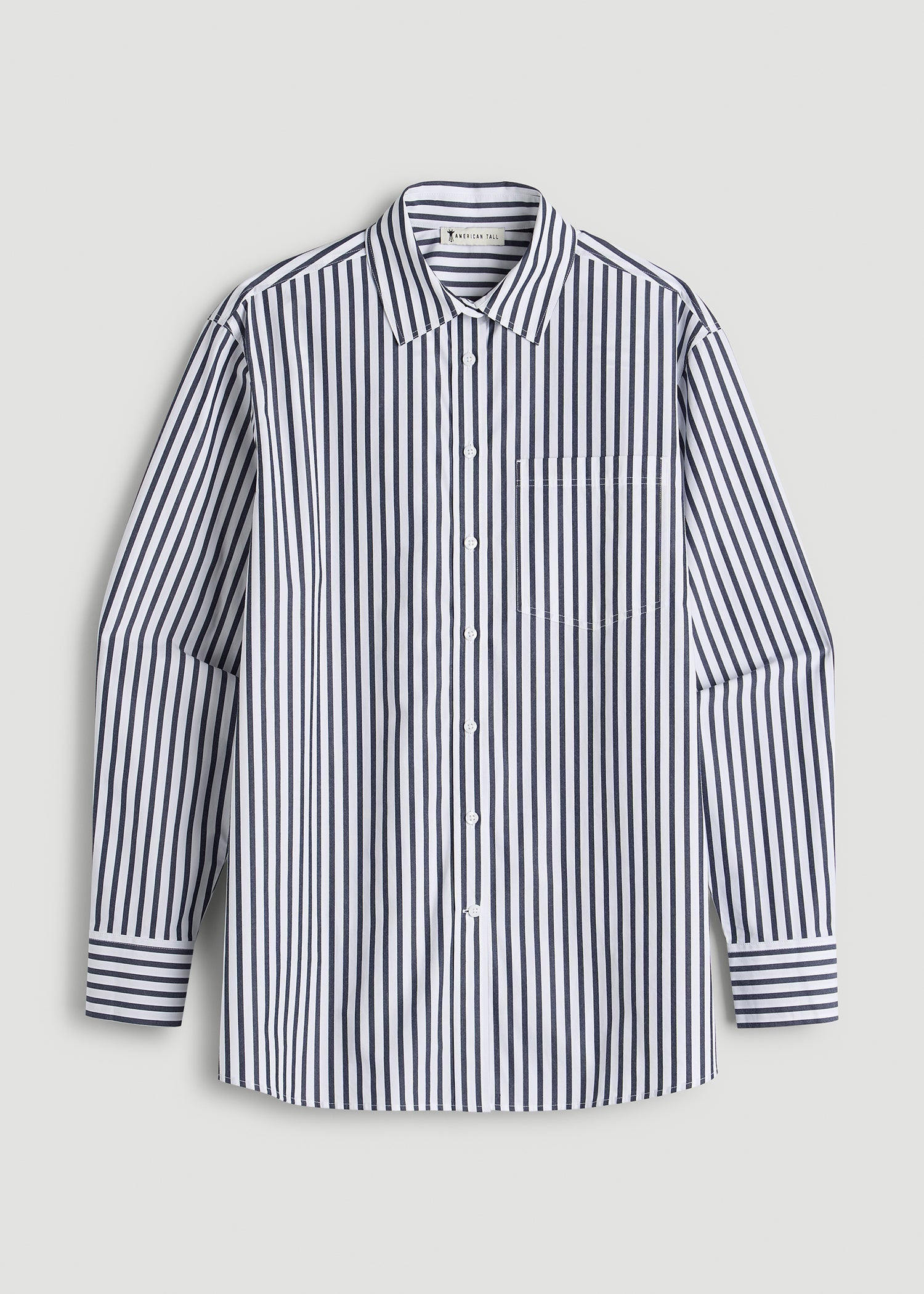 Oversized Poplin Button Shirt for Tall Women in White and Navy Stripe