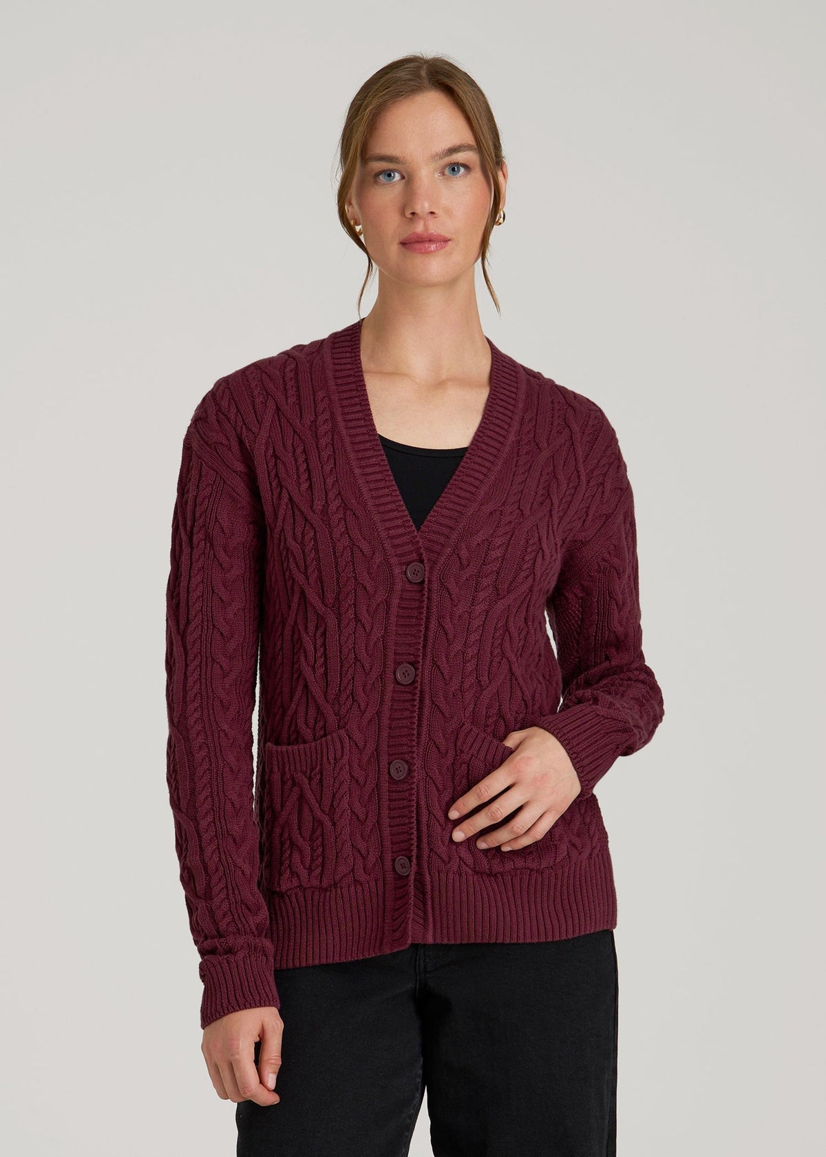 Relaxed Cotton Cable Knit Cardigan for Tall Women in Tawny Port