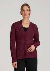 Relaxed Cotton Cable Knit Cardigan for Tall Women in Tawny Port