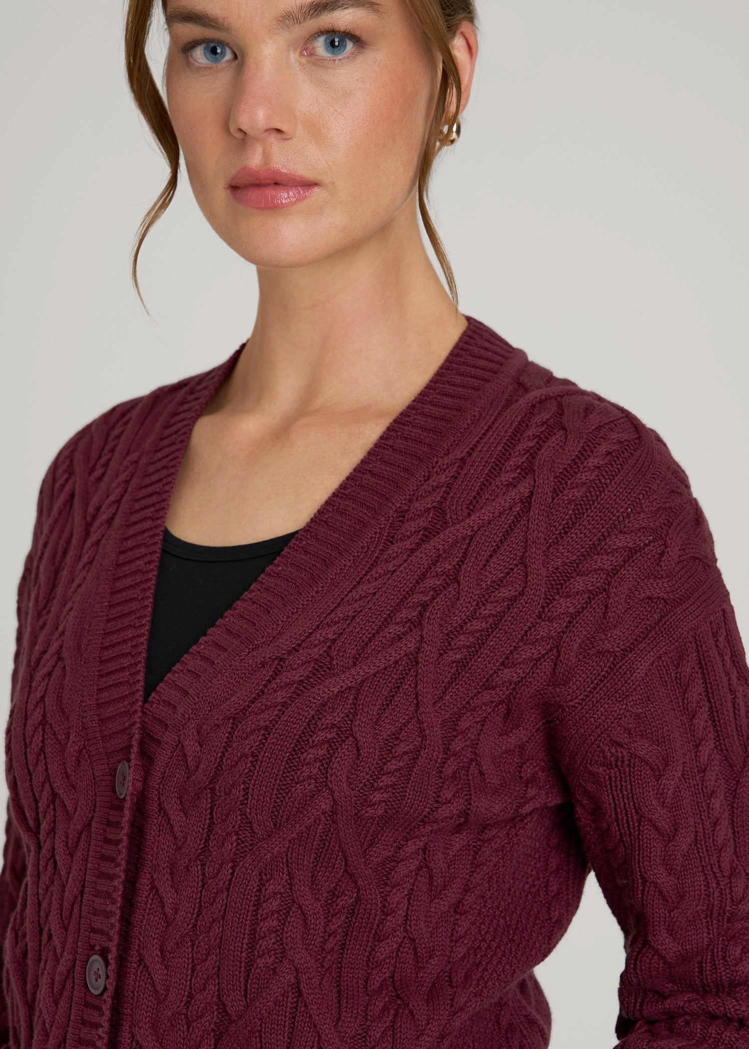 Relaxed Cotton Cable Knit Cardigan for Tall Women in Tawny Port