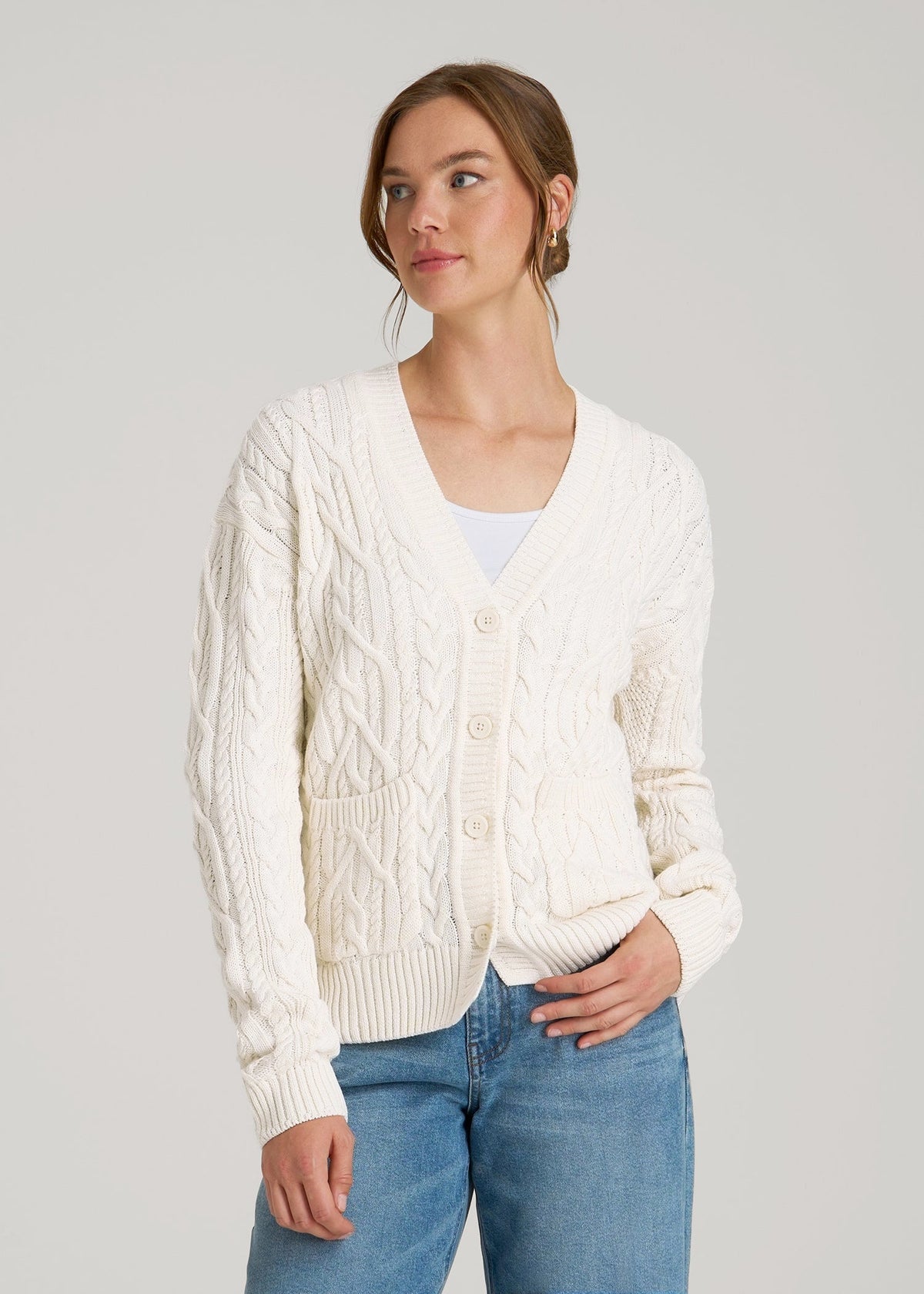 Relaxed Cotton Cable Knit Cardigan for Tall Women in Ecru