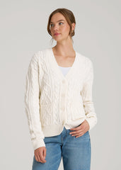Relaxed Cotton Cable Knit Cardigan for Tall Women in Ecru