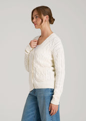 Relaxed Cotton Cable Knit Cardigan for Tall Women in Ecru