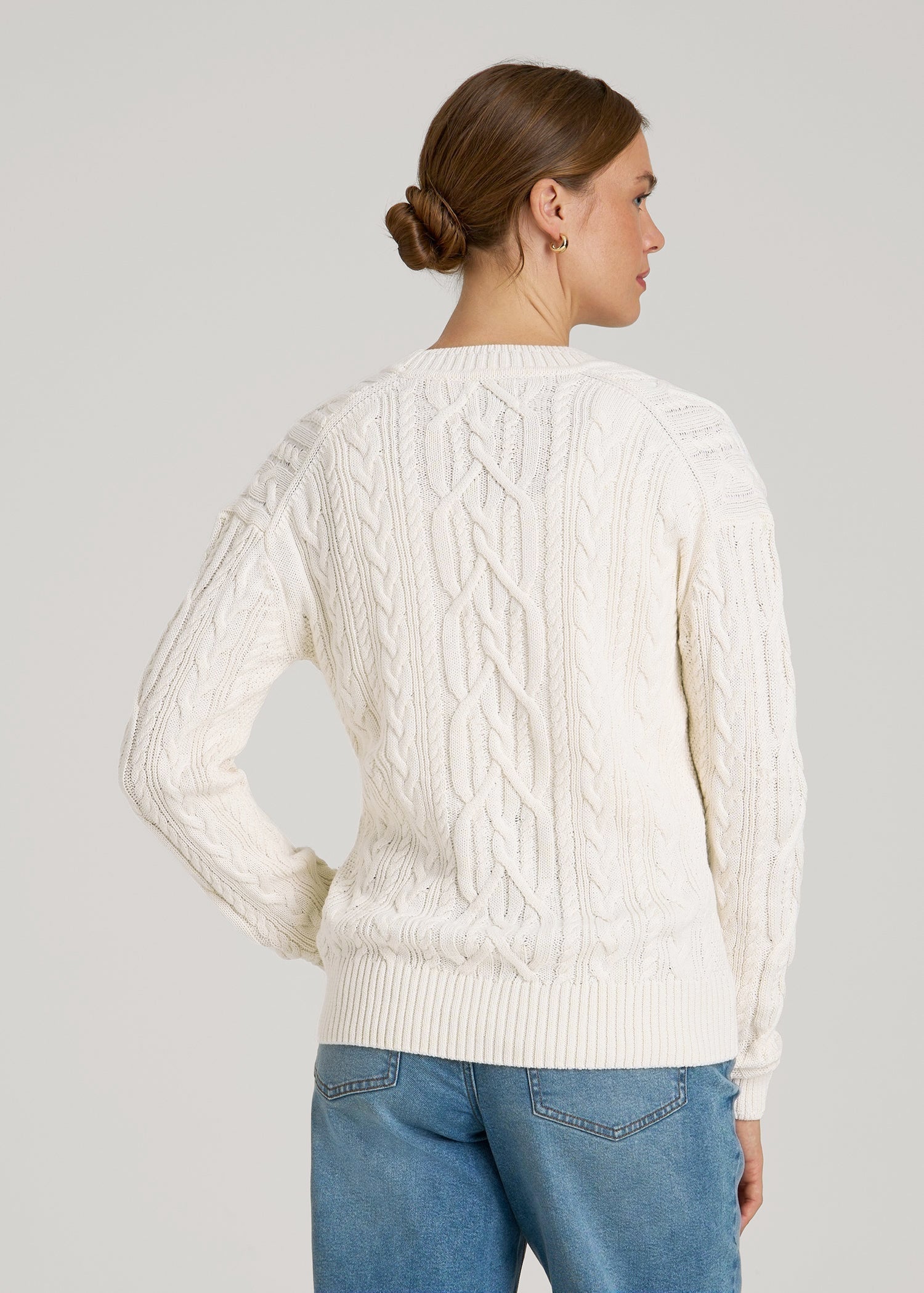 Relaxed Cotton Cable Knit Cardigan for Tall Women in Ecru