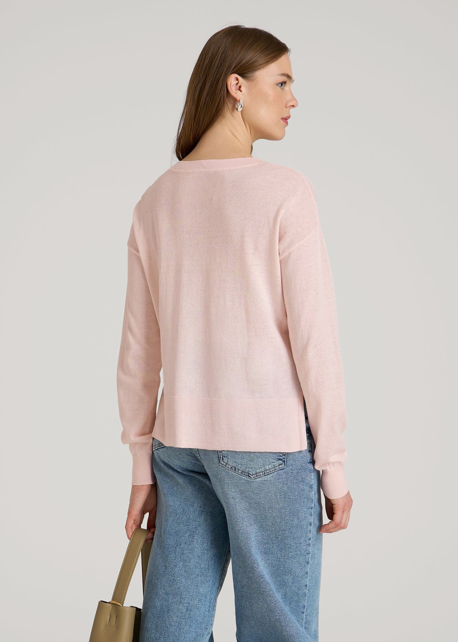 Linen Blend Split Hem V-Neck Sweater for Tall Women in Hush Pink
