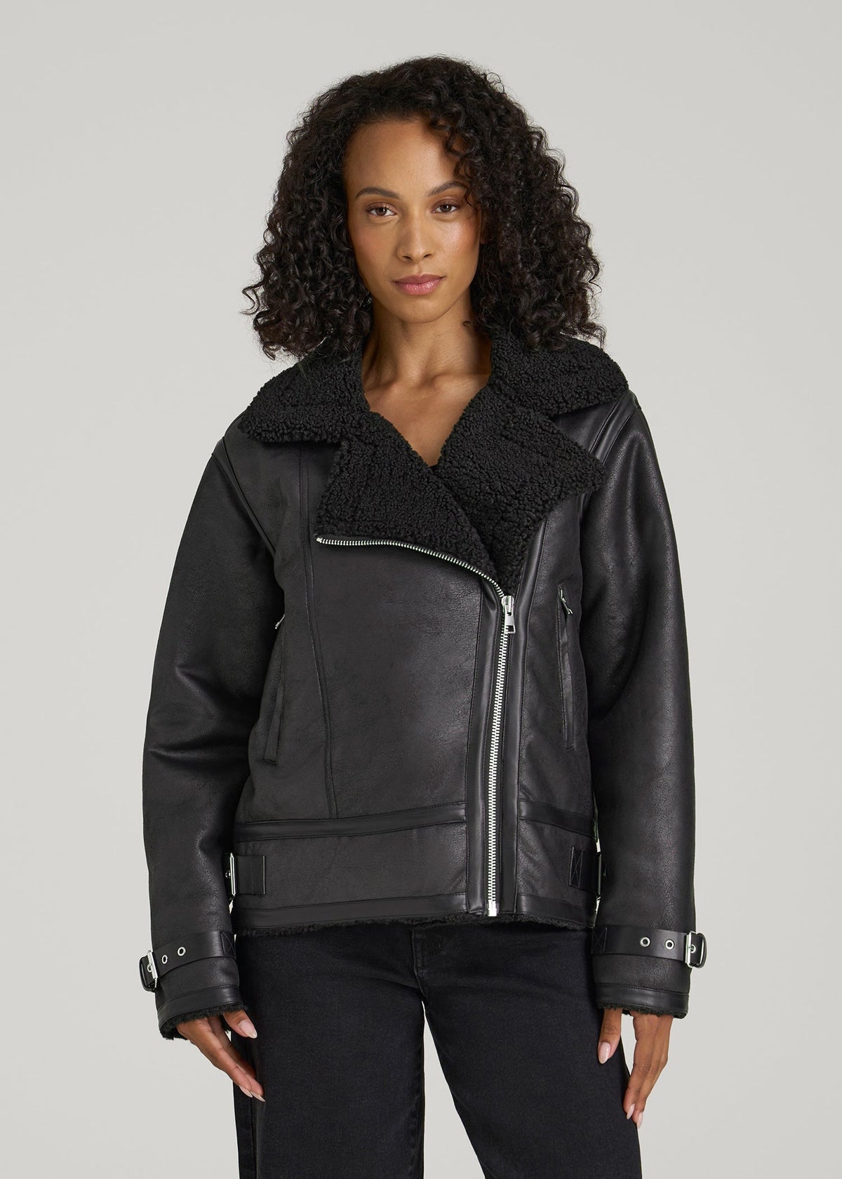 Shearling Moto Jacket for Tall Women in Black