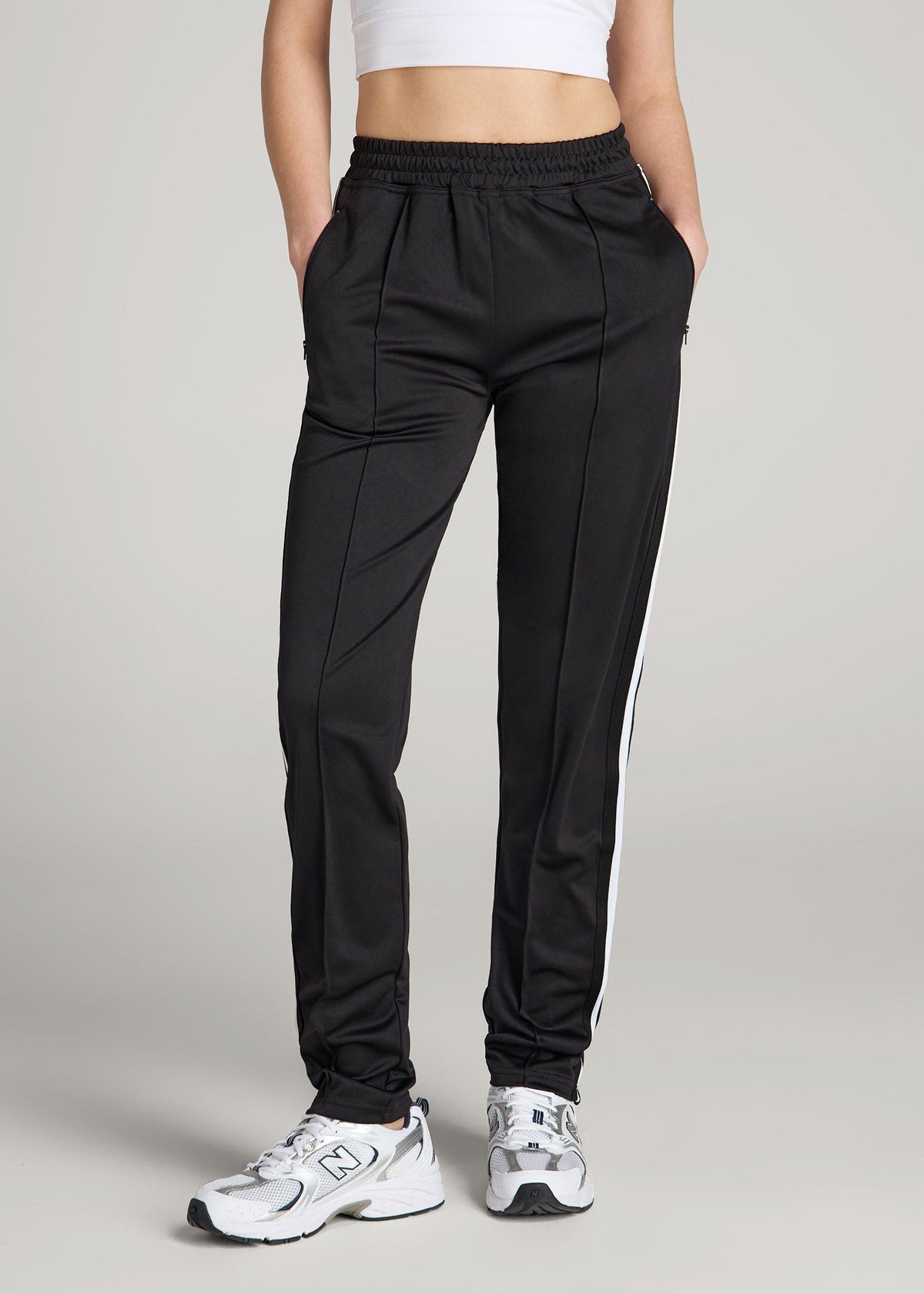 Ultra Lightweight Tricot Athletic Stripe Pants for Tall Women in Black and White