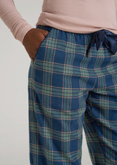 Tie Waist Flannel Pajama Pants for Tall Women in Navy and Balsam Green Plaid