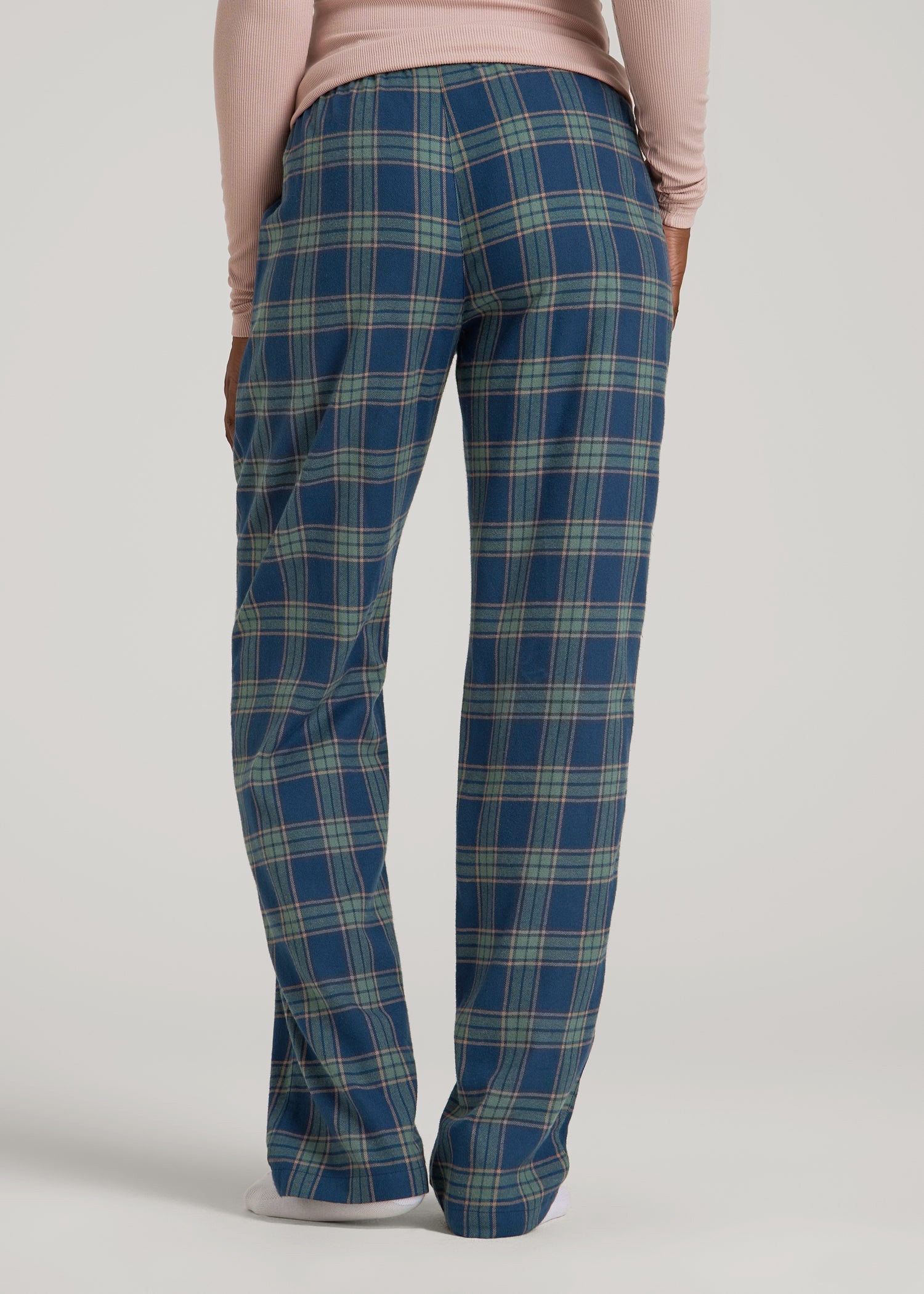 Tie Waist Flannel Pajama Pants for Tall Women in Navy and Balsam Green Plaid