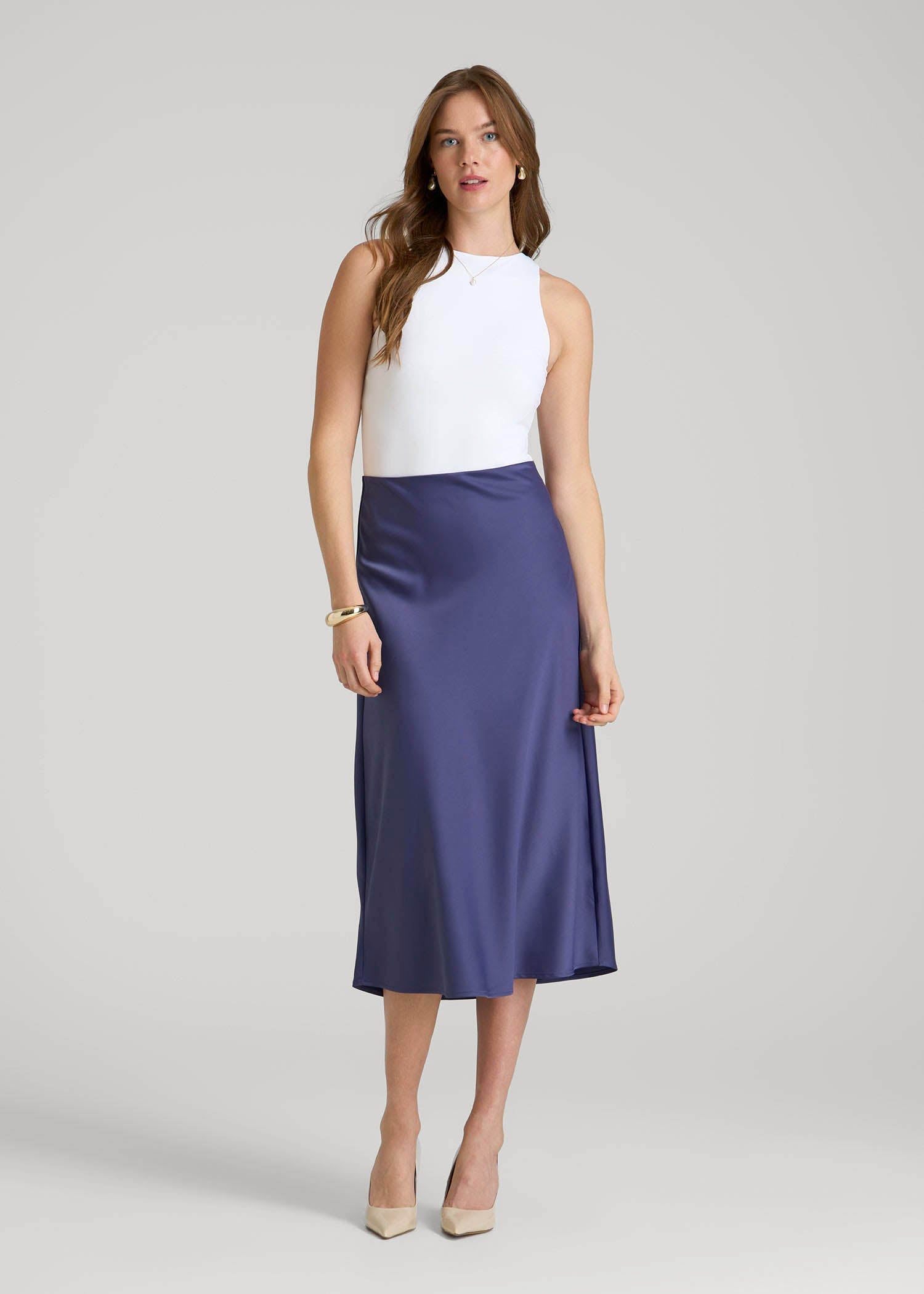 Pull On Satin Midi Skirt for Tall Women in Future Dusk